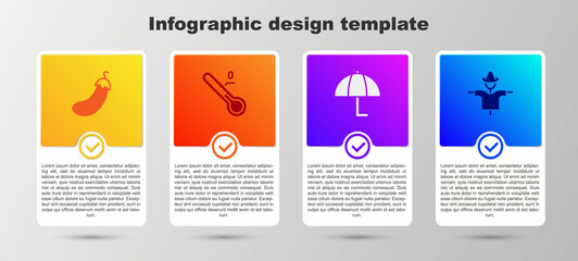 Set Eggplant, Meteorology thermometer, Umbrella and Scarecrow. Business infographic template. Vector