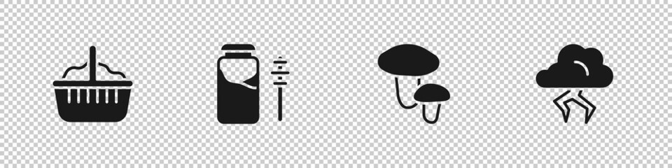 Set Basket, Jar of honey and dipper stick, Mushroom and Storm icon. Vector