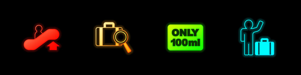 Set Escalator up, Lost baggage, Liquids in carry-on and Tourist with suitcase icon. Vector