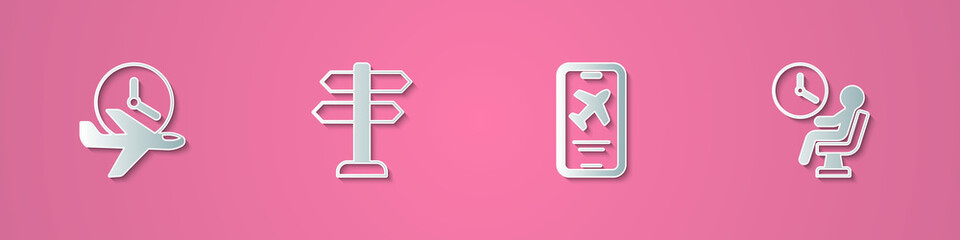 Obraz premium Set paper cut Flight time, Road traffic sign, Mobile with ticket and Human waiting in airport terminal icon. Paper art style. Vector