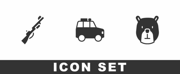 Set Hunting gun, Car and Bear head icon. Vector