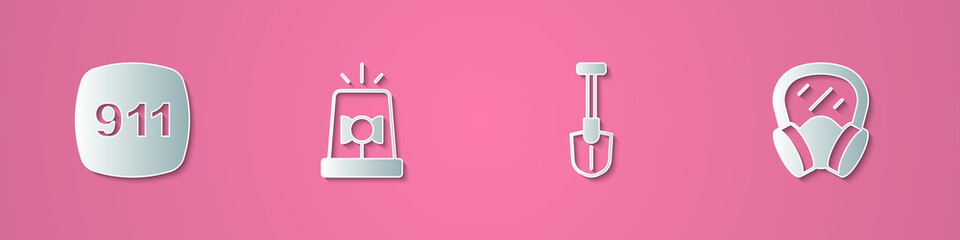 Set paper cut Emergency call 911, Flasher siren, Fire shovel and Gas mask icon. Paper art style. Vector