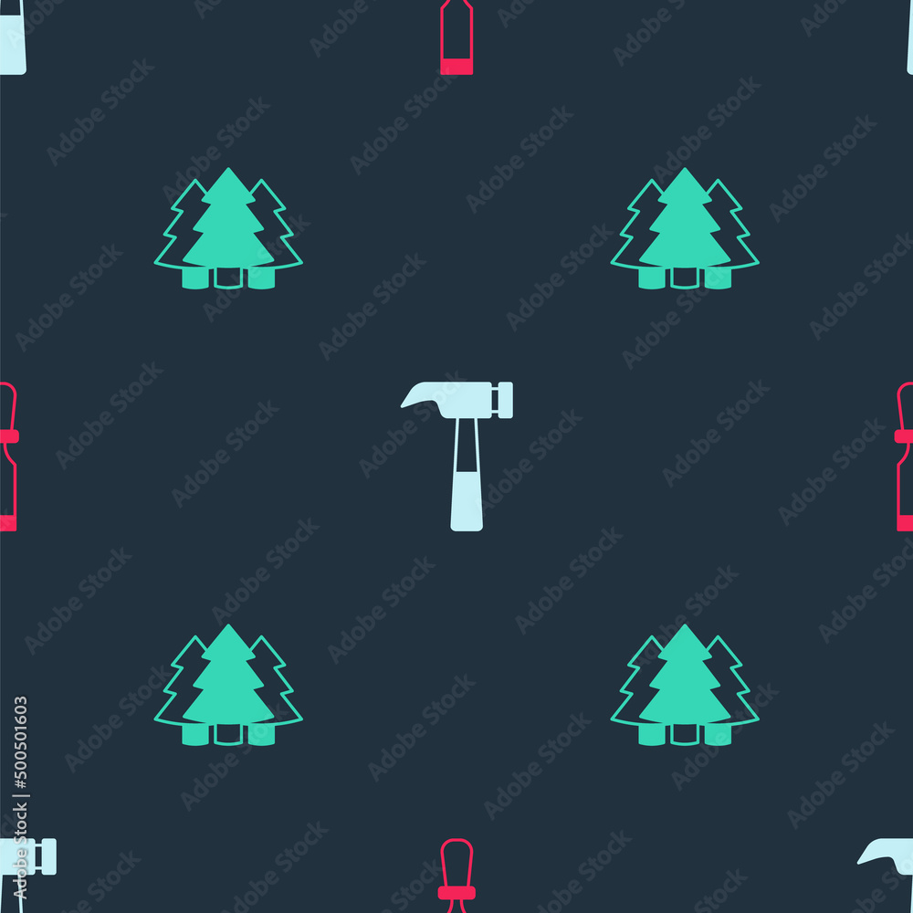 Poster set chisel tool, hammer and christmas tree on seamless pattern. vector