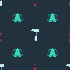 Set Chisel tool, Hammer and Christmas tree on seamless pattern. Vector