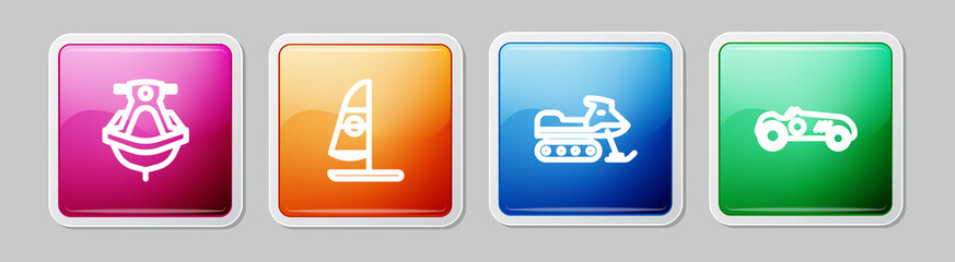 Set line Jet ski, Windsurfing, Snowmobile and Vintage sport racing car. Colorful square button. Vector