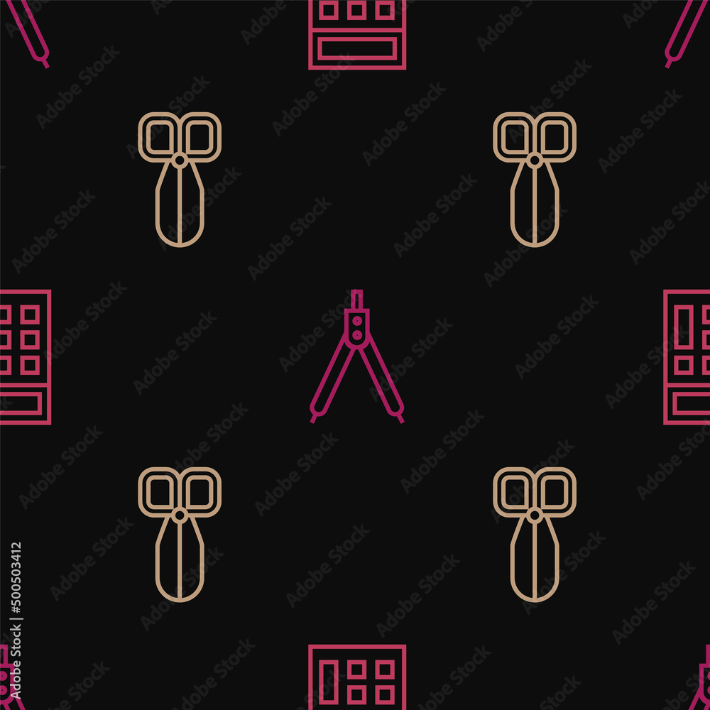 Aufkleber set line calculator, scissors and drawing compass on seamless pattern. vector