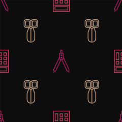 Set line Calculator, Scissors and Drawing compass on seamless pattern. Vector