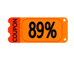 89% off coupon vector. Orange perforated coupon template on white background for stores