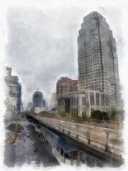 Fototapeta premium landscape of tall buildings and city streets watercolor style illustration impressionist painting.