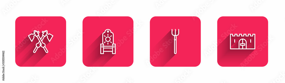 Poster set line crossed medieval axes, medieval throne, garden pitchfork and castle gate with long shadow. 