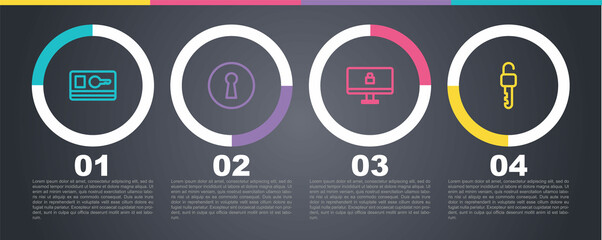 Set line Key card, Keyhole, Lock on computer monitor and Unlocked key. Business infographic template. Vector