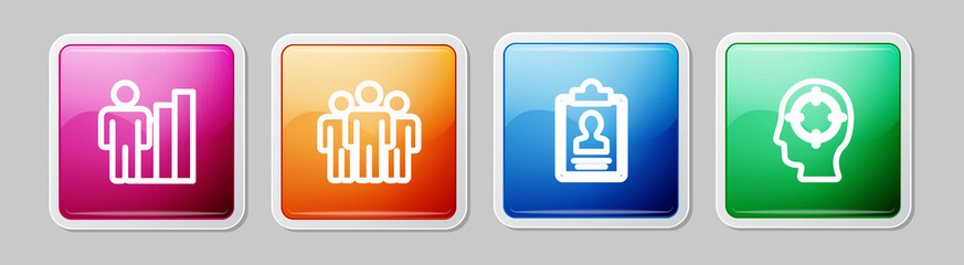 Set line Productive human, Users group, Clipboard with resume and Head hunting. Colorful square button. Vector