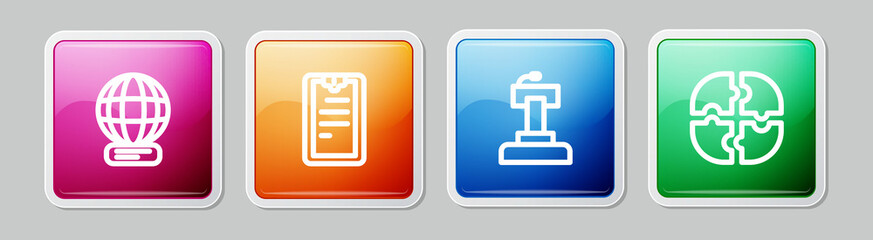 Set line Worldwide, Clipboard with checklist, Stage stand tribune and Piece of puzzle. Colorful square button. Vector