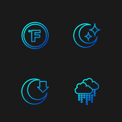 Set line Cloud with rain, Moon, Fahrenheit and and stars. Gradient color icons. Vector