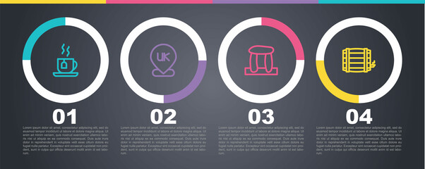 Set line Cup of tea with tea bag, Location England, Stonehenge and Wooden barrel. Business infographic template. Vector