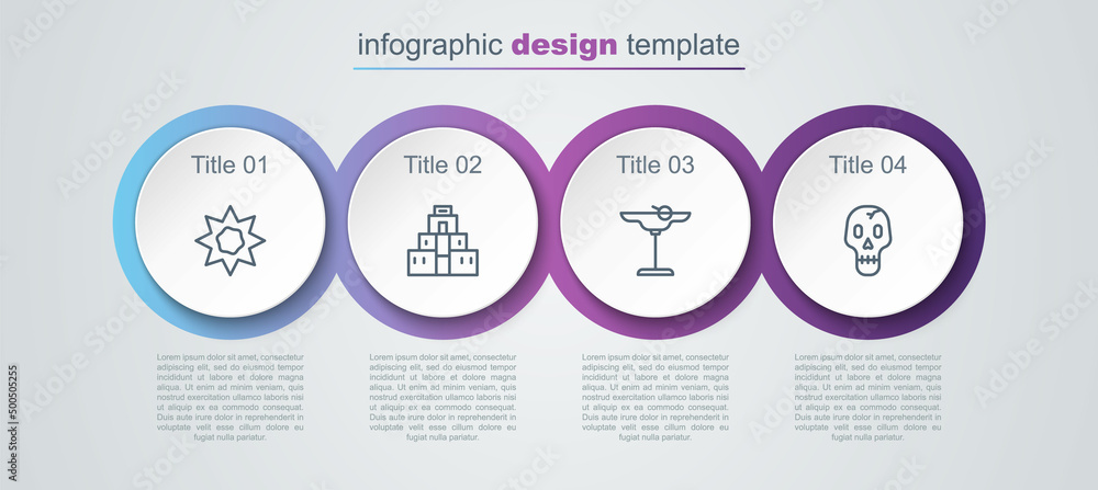 Sticker set line sun, chichen itza in mayan, margarita cocktail and skull. business infographic template. ve