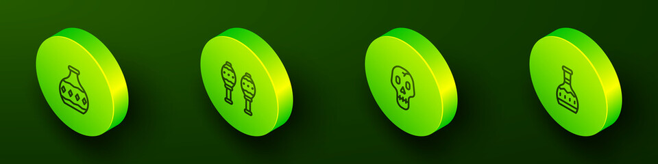 Set Isometric line Tequila bottle, Maracas, Skull and icon. Vector