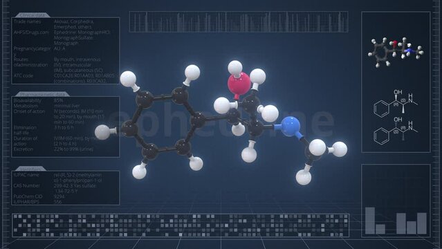 Overview of the molecule of ephedrine on the computer screen. Loopable 3d animation