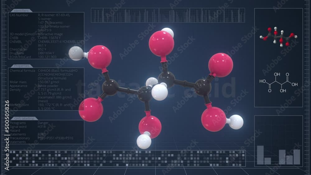 Poster tartaric acid molecule with description on the computer screen, loopable 3d animation