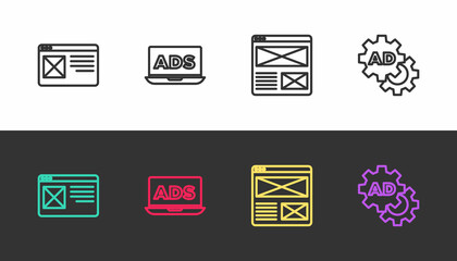 Set line Browser window, Advertising, and on black and white. Vector