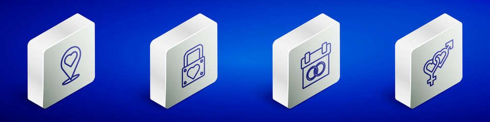 Set Isometric line Location with heart, Lock and, Calendar and Gender icon. Vector