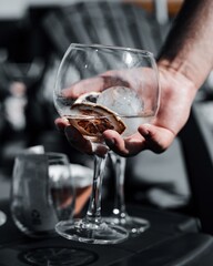 Pessoa a pegar num copo com gin t&oacute;nico