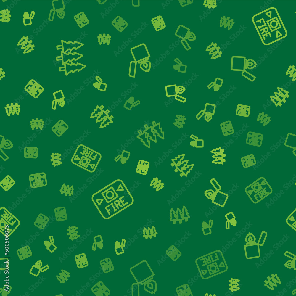 Poster set line forest, fire alarm system and lighter on seamless pattern. vector