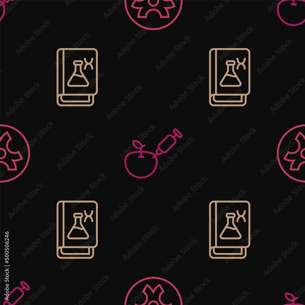 Poster set line biohazard symbol, genetic engineering book and genetically modified apple on seamless patte