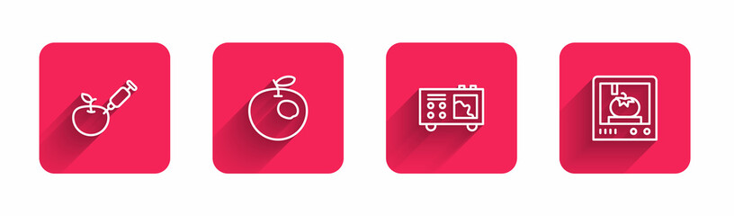 Set line Genetically modified apple, , Spectrometer and 3D printing technology with long shadow. Red square button. Vector