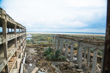 Destroyed abandoned old houses without people