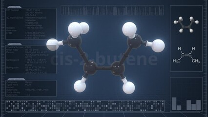 Cis-2-butene molecule with description on the computer screen, loopable 3d animation