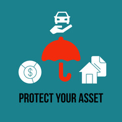 Illustration of simple icon red umbrella covered asset with text PROTECT YOUR ASSET.