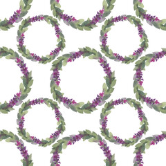 Seamless pattern watercolor circle frame border template for design. Abstract branch with flower lavender or lilac and leaves on white background. Hand-drawn summer plant. Art for wedding invitation