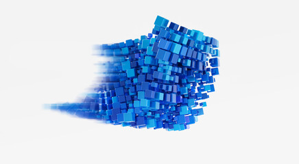 Data moving in clusters. Data transfer in clusters, isolated on neutral white. Group of blue blocks in movement. 3D illustration, 3D rendering.