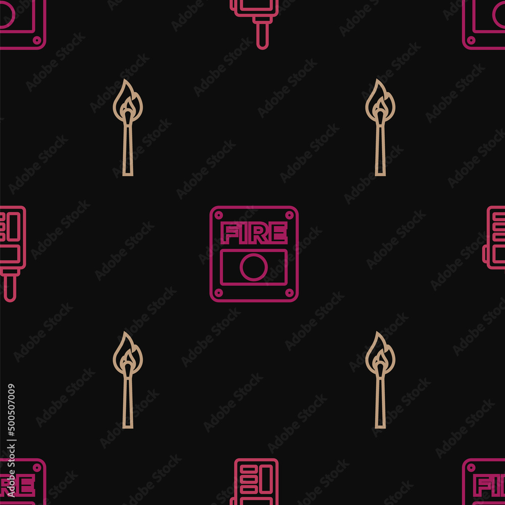 Poster set line walkie talkie, burning match with fire and fire alarm system on seamless pattern. vector