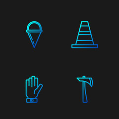 Set line Firefighter axe, gloves, cone bucket and Traffic. Gradient color icons. Vector