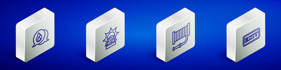 Set Isometric line Telephone call 911, Flasher siren, Fire hose reel and exit icon. Vector