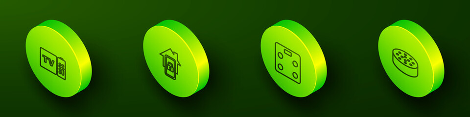 Set Isometric line Multimedia and TV box receiver, Mobile with smart home, Smart bathroom scales and Water sensor icon. Vector