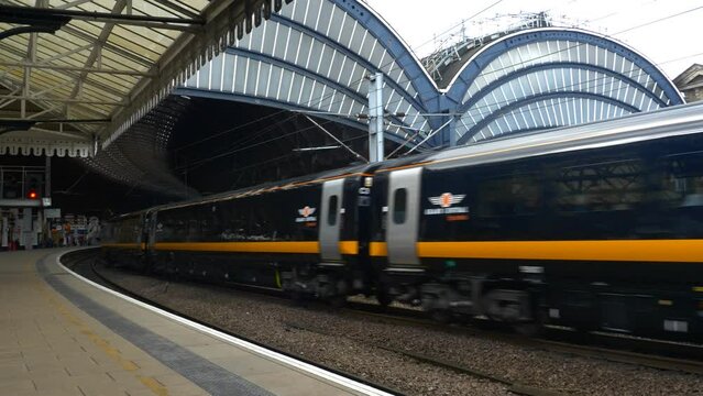 A passenger train entering York Station