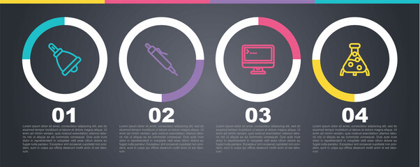 Set line Ringing bell, Pen, Computer monitor and Test tube and flask. Business infographic template. Vector