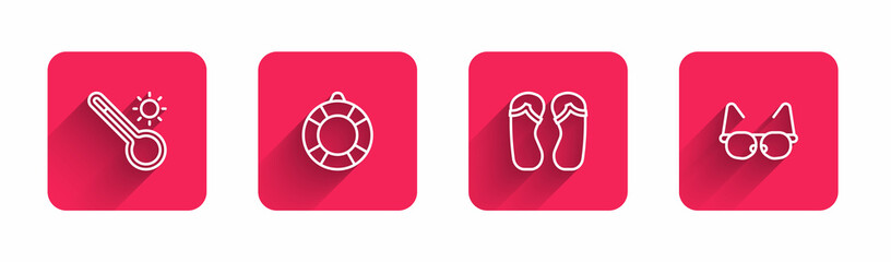 Set line Meteorology thermometer, Lifebuoy, Flip flops and Glasses with long shadow. Red square button. Vector