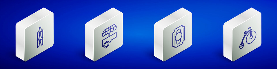 Set Isometric line Circus ticket, Fast street food cart, and Vintage bicycle icon. Vector