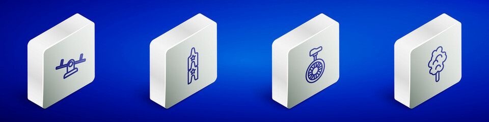 Set Isometric line Seesaw, Circus ticket, Unicycle or one wheel bicycle and Cotton candy icon. Vector