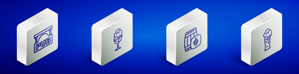 Set Isometric line Street signboard with Pub, Glass of beer, Wooden barrel and icon. Vector