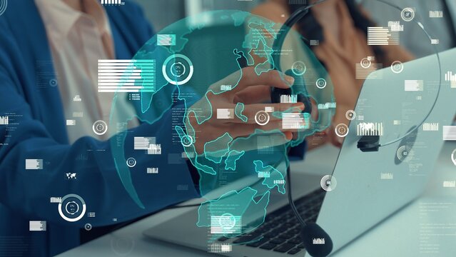 Customer support call center provide data with envisional graphic . Business and communication technology concept .