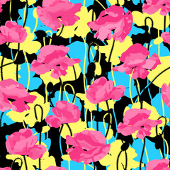 Seamless pattern with poppy flowers and buds CMYK color. Vector floral dark printing background. Plants in the sun. Poppy field for print