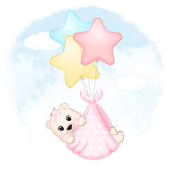 Cute baby bear with balloon newborn cartoon illustration