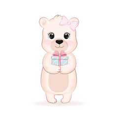 Cute little bear holding gift box cartoon illustration