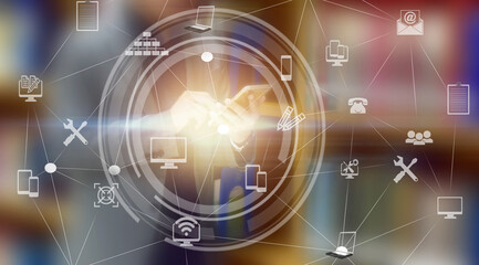 Business Man using tablet working and control monitoring system software with icon communication network over social connection background. Mixed media.