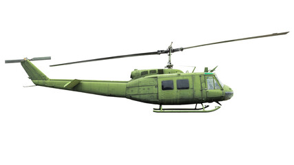 Green military helicopter on a white background